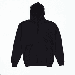 A black hoodie with a front pocket and a drawstring hood. It features a logo.