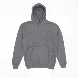 A grey hoodie featuring a front pouch pocket and a drawstring hood, with a simple design and no visible branding.