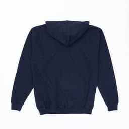 A navy hoodie featuring a spacious hood and ribbed cuffs, with no visible branding on the back.