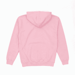 A pink hoodie featuring a hood and kangaroo pocket, displayed from the back. It has a logo on the fabric.