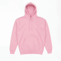 A pink hooded sweatshirt featuring a front pocket and drawstring hood. The item has a logo on it.