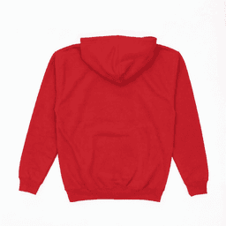 A red hoodie with a back view, featuring a hood and ribbed cuffs. It includes a logo on the front.