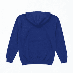 A hooded sweatshirt in a deep blue colour, featuring a rear view and a spacious hood. It has a logo on the front.