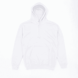 A white hoodie featuring a front pocket and an adjustable drawstring hood. It has a logo on the front.