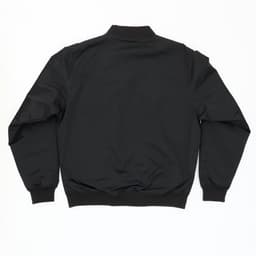 A black bomber jacket with a simple design, featuring a collar and long sleeves. It has a logo on the back.