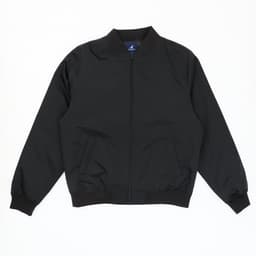 A black bomber jacket with a zip front and side pockets, featuring a plain design and elastic cuffs.