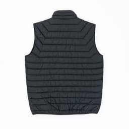A black puffer vest with a quilted pattern, featuring no sleeves and a high collar. The back is smooth and textured.