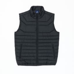 A black puffer vest featuring a high collar, zip front, and two side pockets, with a logo on the inside.