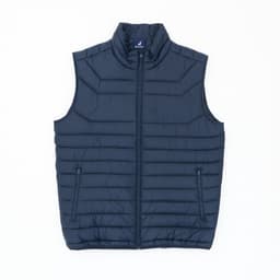 A navy blue puffer vest with a high collar, featuring a front zip and two side pockets. It has a logo at the top.