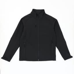 A black softshell jacket with a full zip, high collar, and two zippered pockets featuring a logo.