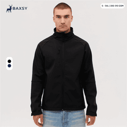 A black softshell jacket with a high collar and zippered pockets, featuring a logo. Suitable for various sizes.