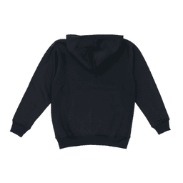 A black youth hoodie with a kangaroo pocket and a drawstring hood, featuring a logo on the front.