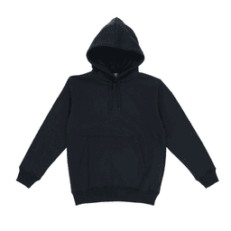 A black youth hooded sweatshirt with a front pocket and drawstring hood. It features a logo.
