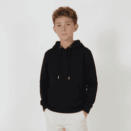 A black Youth Base Hood worn by a young boy, standing against a light background. The hoodie features a drawstring.