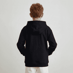 A black youth hoodie with a hood, featuring a simple design and no visible logos, worn by a child from the back.