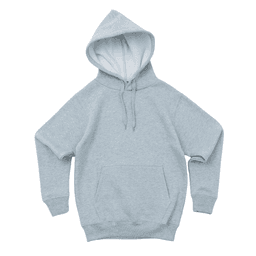 A light grey hoodie with a hood, long sleeves, and a front pocket. It features a logo on the design.