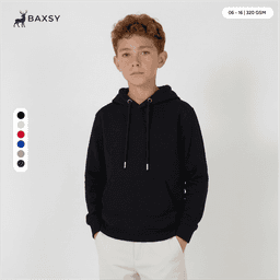 A youth hoodie in black with a drawstring hood, featuring a logo and available in multiple colours.