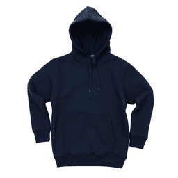A navy blue hoodie with a front pocket and a drawstring hood, featuring a logo.