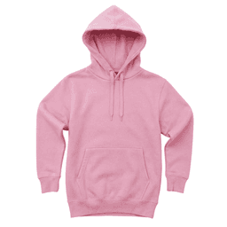 A pink hooded sweatshirt featuring a front pocket and drawstrings, with a small logo on the front.