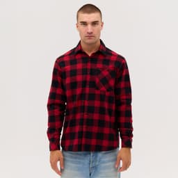 A long sleeve flannel shirt in red and black check pattern with a chest pocket. features a logo.