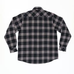 A flannel long sleeve shirt in black and grey check pattern, featuring a classic back design and a collar.