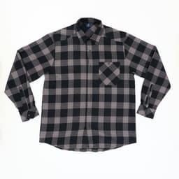 A flannel long sleeve shirt in black and grey check pattern, featuring a front pocket and button-down collar.