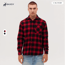 A long sleeve flannel shirt in red and black check pattern, featuring a pocket and a logo.
