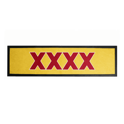 A yellow rubber bar mat featuring a bold red logo, framed in black. Ideal for home or living spaces.