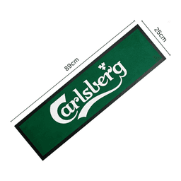 A green rubber bar mat featuring a logo, measuring 89 cm by 25 cm, with black trim.