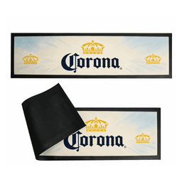 A rubber bar mat featuring a light background with black and yellow branding, including a logo, and a textured underside.