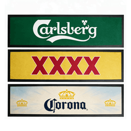 A set of three bar mats in green, yellow, and blue, featuring logos from Carlsberg, XXXX, and Corona.