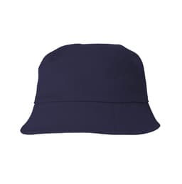 A navy cotton bucket hat with a wide brim and a subtle logo on the side.