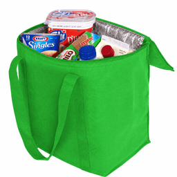 A green Perisher cooler bag filled with various food items, including drinks and a container of cheese slices.