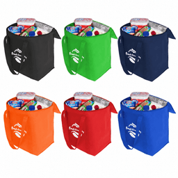 A cooler bag available in black, green, navy, orange, red, and blue, filled with drinks and snacks. Features a logo.
