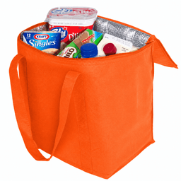 An orange cooler bag filled with various products including drinks and food items, featuring sturdy handles.