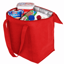 A red cooler bag filled with drink bottles, food containers, and assorted groceries. It has sturdy handles and a logo.