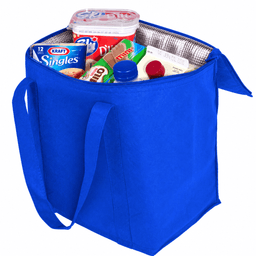 A blue cooler bag filled with dairy products, including milk, cheese slices, and treats, featuring sturdy handles and an insulated interior.