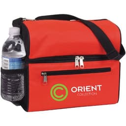 A drink bottle is nestled in a mesh pocket of a red cooler bag with a logo on the front and a shoulder strap.