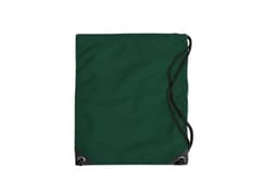 A green duffle bag with drawstring closure and black accents, featuring a logo.