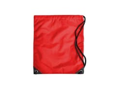 A red duffle bag with a drawstring closure and black accents, featuring a logo.