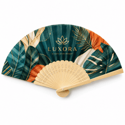A bamboo hand fan featuring a vibrant tropical design with green and orange leaves, and a logo on its face.
