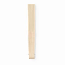 A bamboo hand fan in a natural beige colour, featuring slender slats and a simple design with a logo.