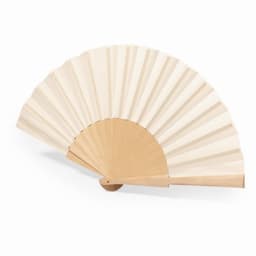 A wooden hand fan with a cream-coloured fabric surface and natural wooden frame, featuring a simple design.