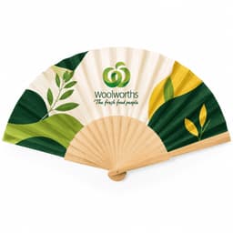 A wooden hand fan with a natural wood finish, featuring a simple design and smooth edges, open and fanned out.