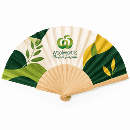 A wooden hand fan with a green and cream design, featuring leaf patterns and a logo.