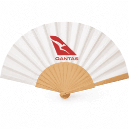 A wooden hand fan with a white fabric surface and a logo, featuring a light wooden frame.
