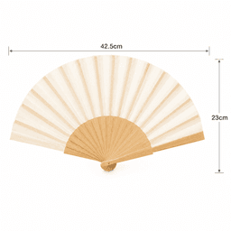 A wooden hand fan with a light-coloured fabric design, measuring 42.5cm by 23cm, featuring a logo.