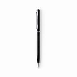 A glossy black aluminium twist-action pen with a silver accent and a clip, featuring a logo on the body.