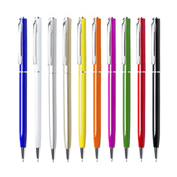A display of LUXOR glossy aluminium twist-action pens in various colours including blue, white, yellow, and black.