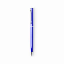 A glossy blue twist-action pen with a silver clip and accents, featuring a logo on its body.